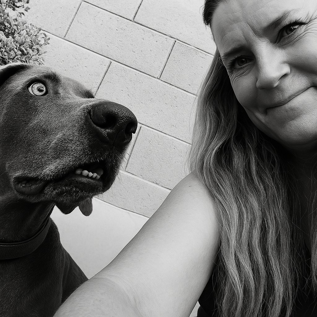 Trina smiling next to her grey Weimaraner